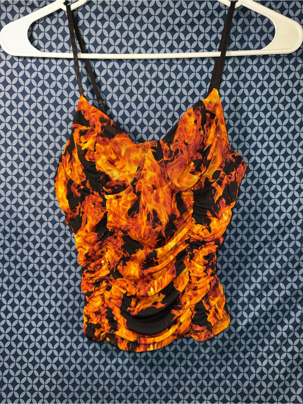 Flame-Print Ruched Spaghetti-Strap Cami - Orange/Black